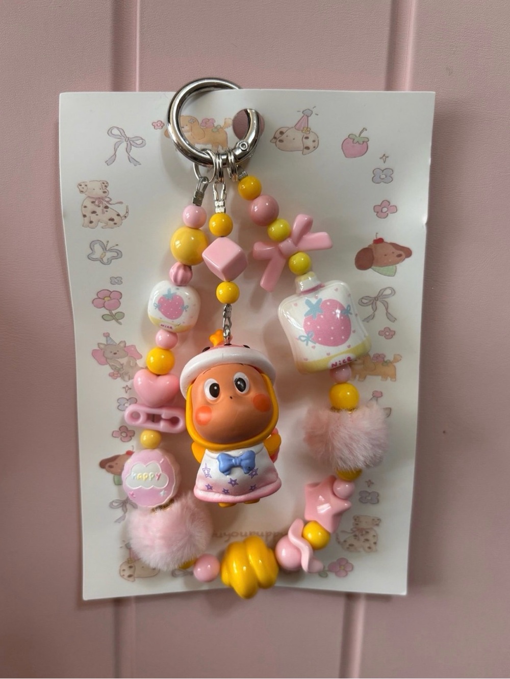 Pink & Yellow Plush Bead Keychain Charm with Cute Character